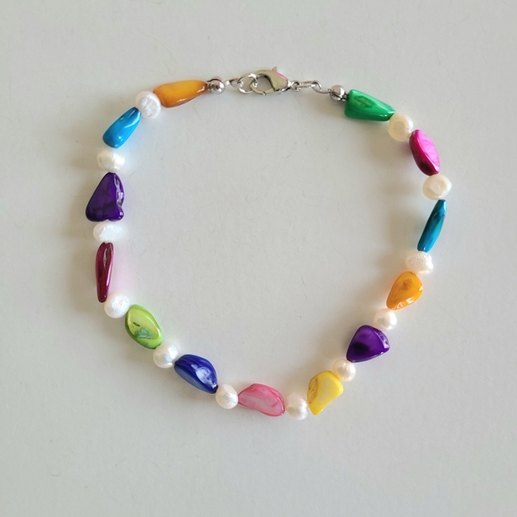 Rainbow Beaded Ankle Bracelet with Pearls - Picture 1 of 10